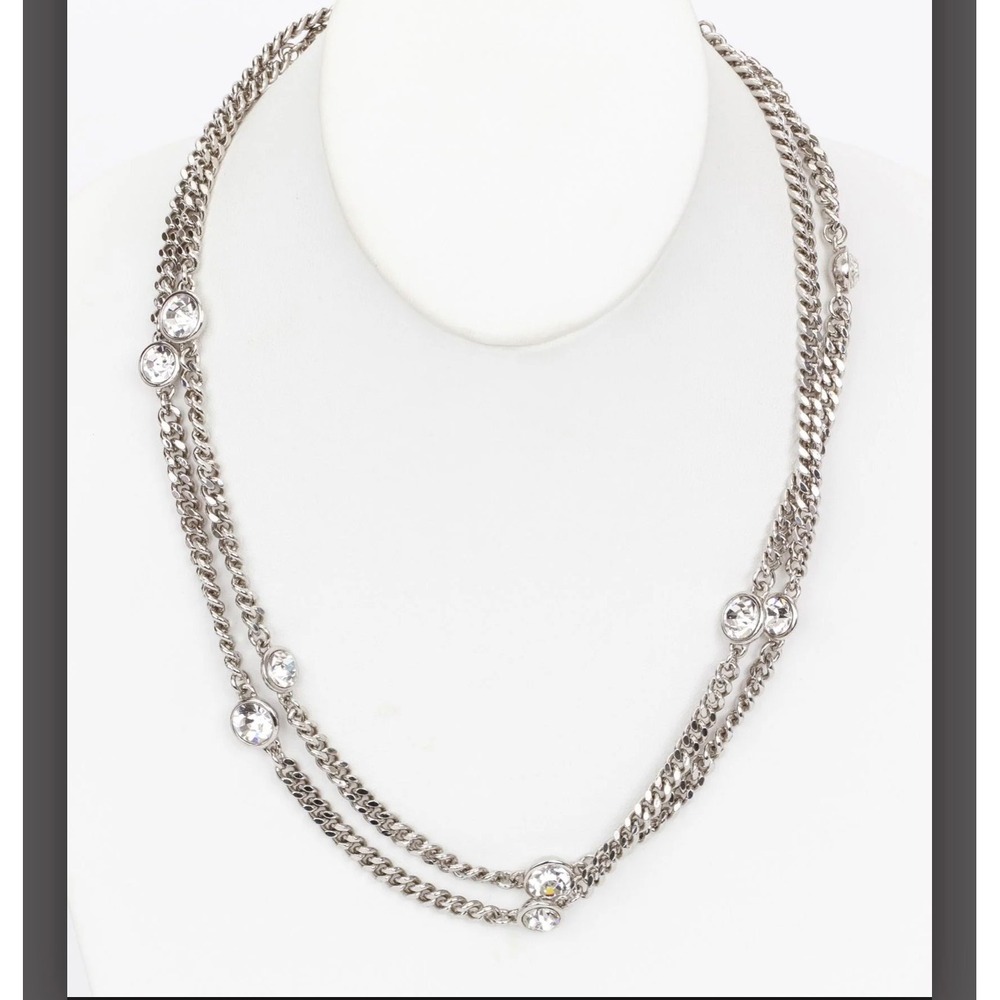 Givenchy Silver Tone Crystal Station Long‎ Curb Chain Necklace 19 Inch 4G Clasp